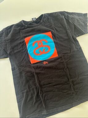 Stussy Black Tee with Red Square and Teal Circle Logo